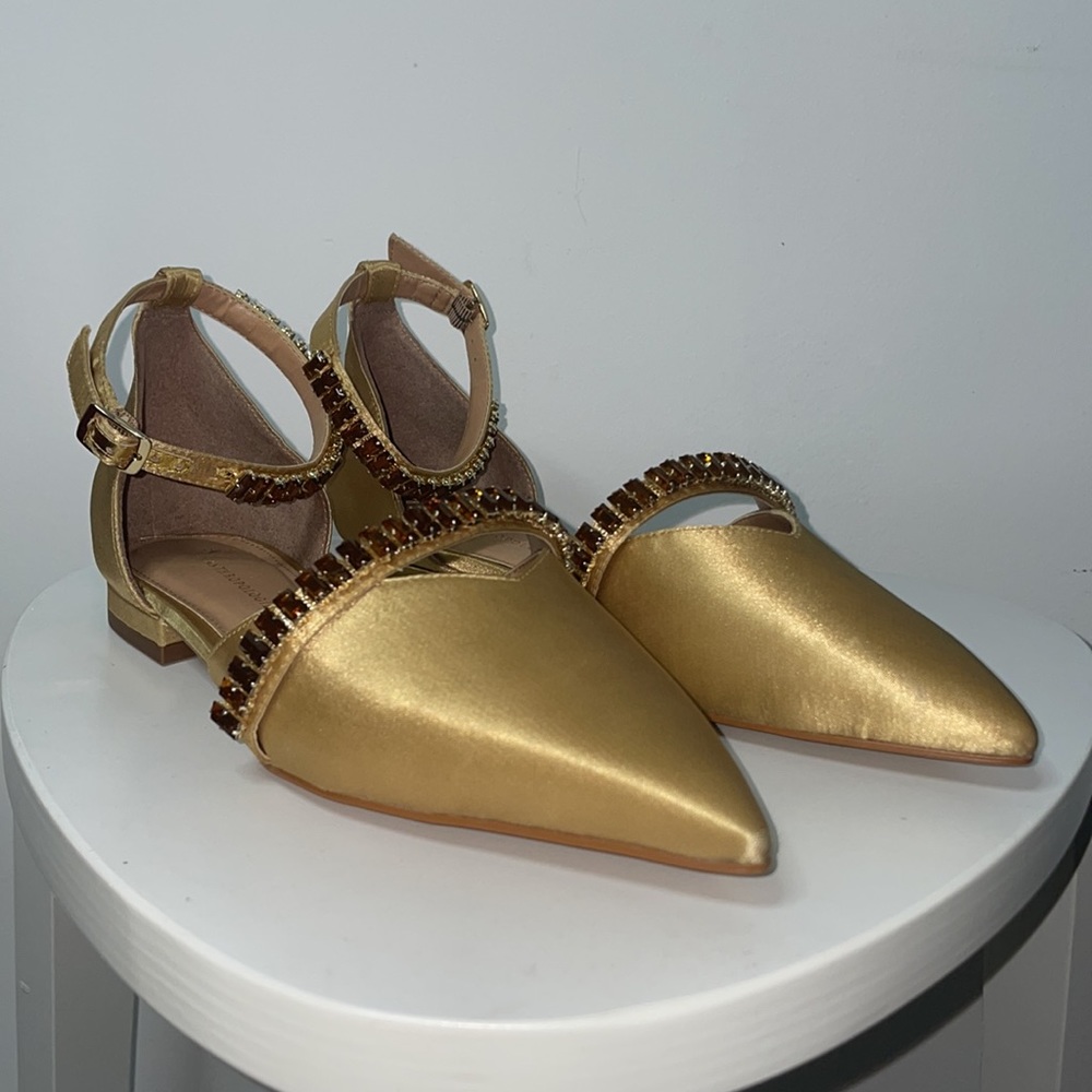 Anthropologie Satin Pointed-toe Embellished Slingback Flats in Gold - Picture 7 of 10